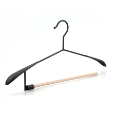 Custom Black Extra Wide Shoulder Metal Coat Hanger with Open Ended Wood Round Bar